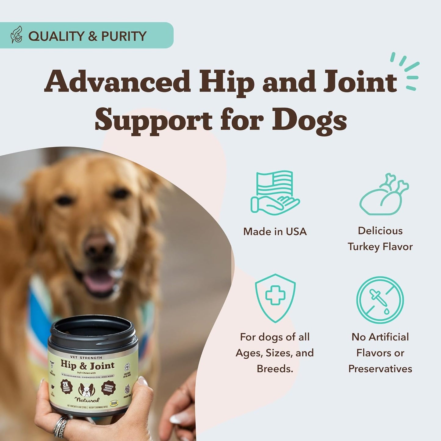 Natural Dog Company Vet Strength Hip & Joint Chews for Senior Dogs (90ct) Joint & Flexibility Support, Arthritis Relief for Senior Dogs, 1.3X Glucosamine, 2X Green Lipped Mussel & MSM for Dog Mobility