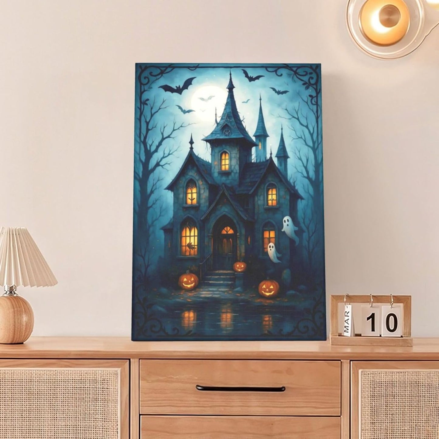Halloween Gothic Wall Art Castle Pumpkin Ghost Bat Canvas Wall Decor Dark Academia Pictures Painting Print Framed Artwork Decorations Gifts for Halloween Living Room Bedroom Office 16"x24"