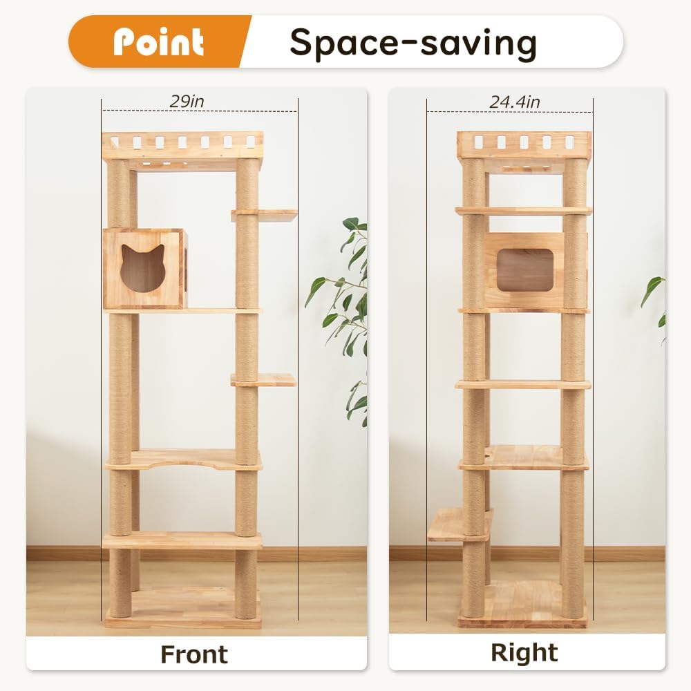 74" Wooden Cat Tree Tower for Large Cats, Multi-Level Cat Climbing Furniture with Scratching Posts, Cat Condo & Hammock, Natural Wood Cat Activity Center(Brown)