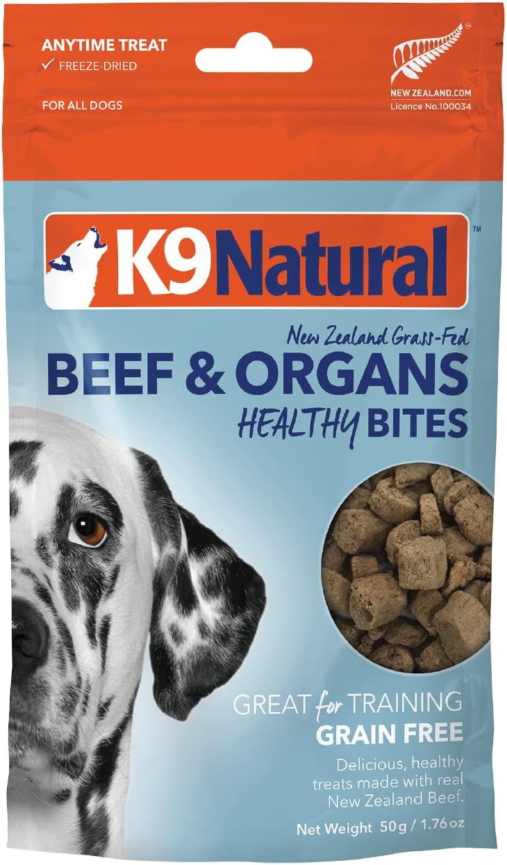 K9 Natural, Freeze-Dried Single Ingredient Dog Treats, High-Value, Low-Calorie Protein Bites for Active Dogs, Healthy Dog Training Treats, Grain-Free Reward, Beef & Organs, 1.76oz