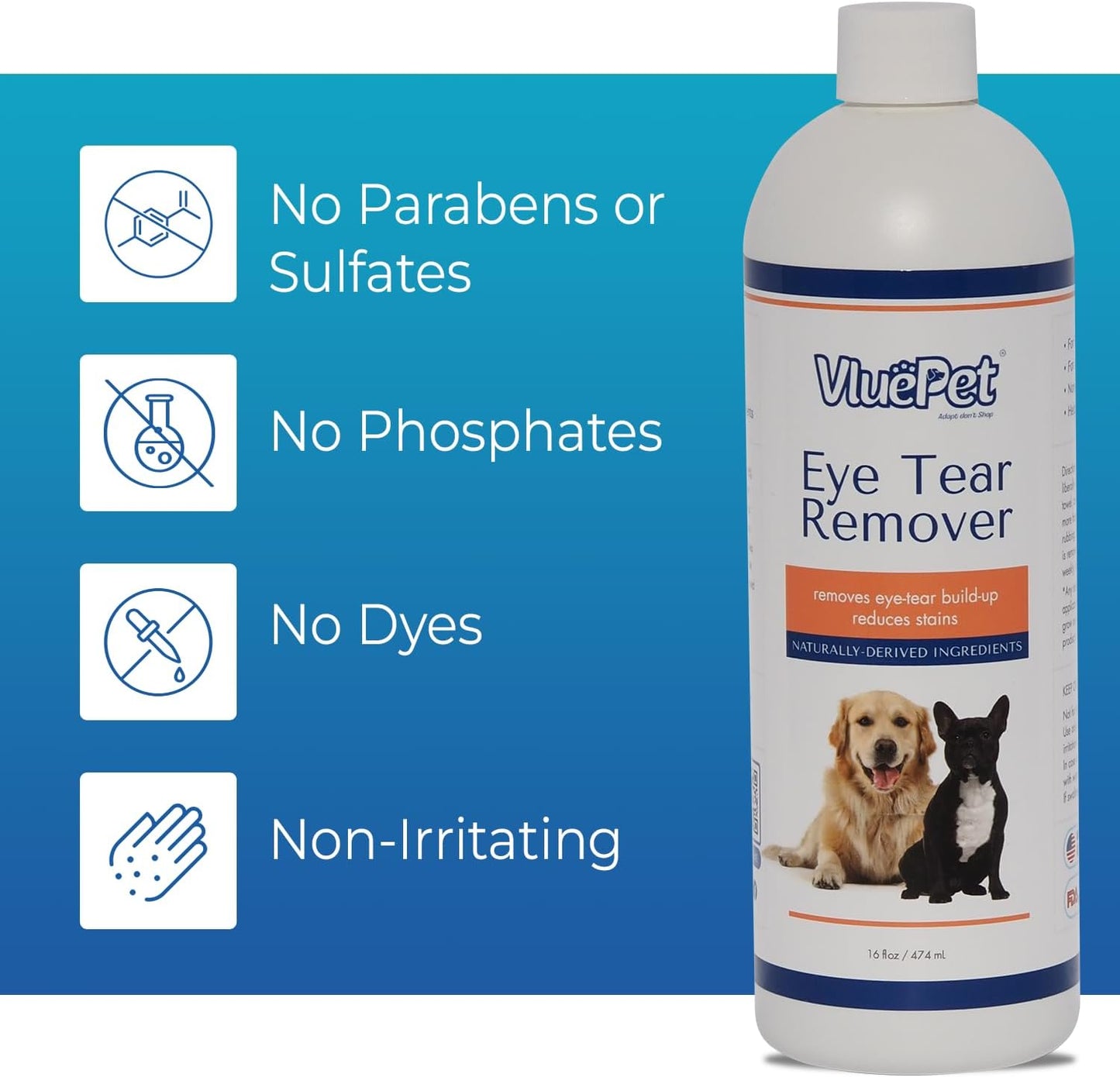 | Eye Tear Remover - Eye Wash Drops & Tear Stain Remover for Cat and Dog - Gentle, Safe & Non-Irritating Formula for All Breeds - Vet Formulated, Prevents Infections - All Natural – 16 floz