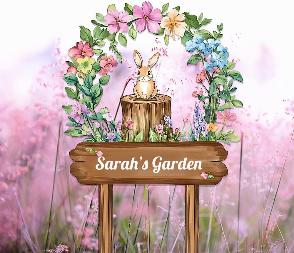 Personalized Rabbit Metal Sign with Stake,Custom Gardener Last Name Signs Outdoor Decor,Customized Flowers Gardening Birthday Gifts,Cute Animal Plaques for Patio Lawn Porch Backyard Farmhouse Outside
