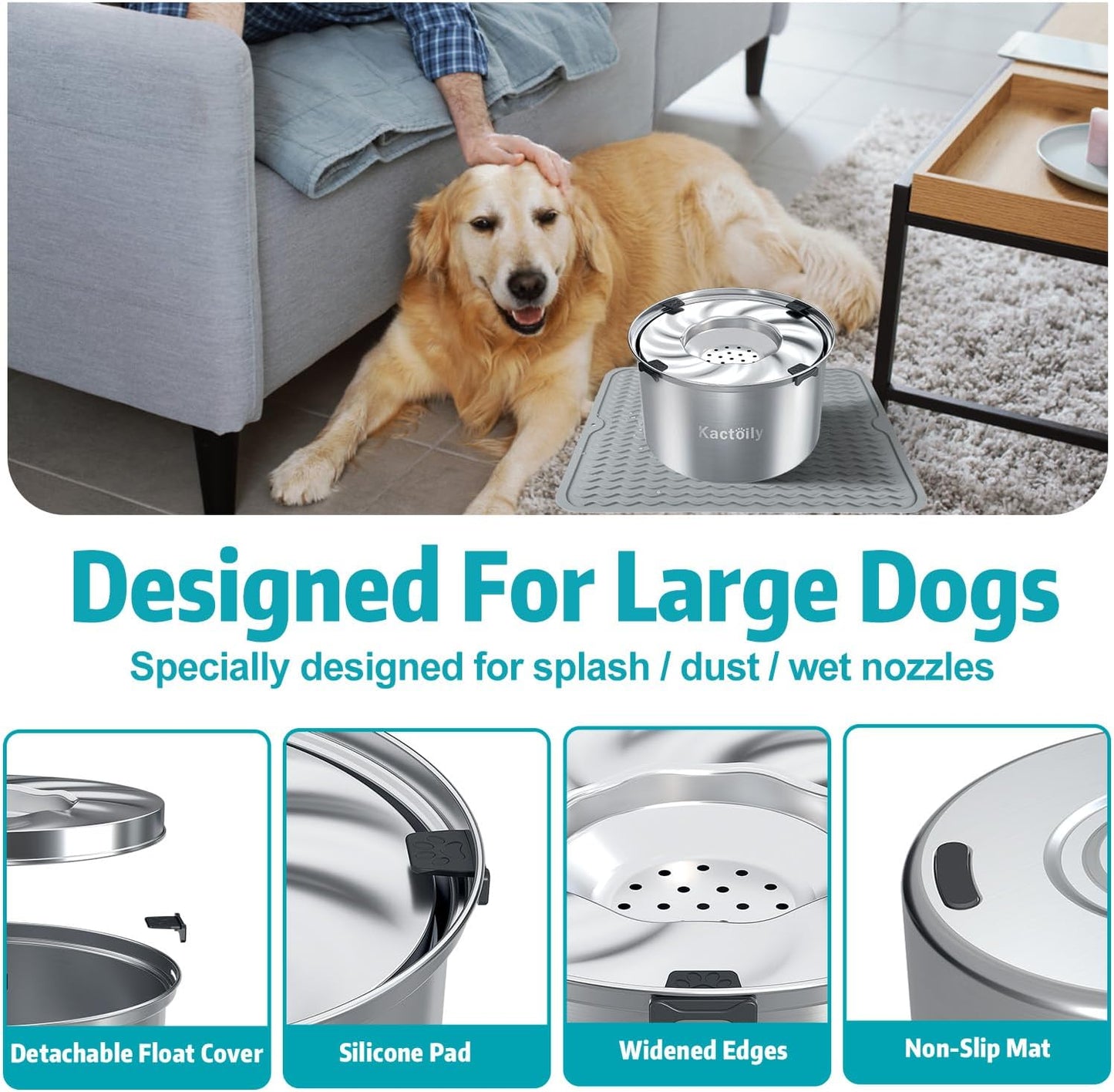 1.5 Gal Dog Water Bowl No Spill, 5.6L Stainless Steel Bowls and Non-Slip Dog Bowl Mats for Food and Water, Silicone Pet Feeding Mats for Floors Waterproof