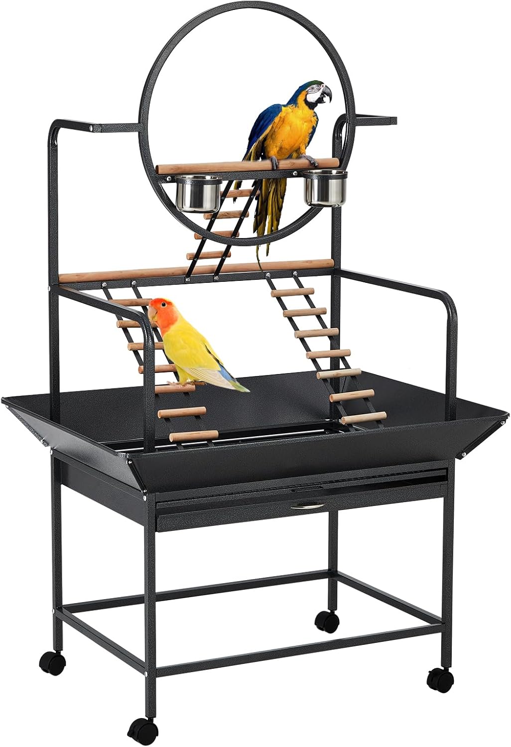 Bird Playstand, 66'' H Inch Birdcage Stand Activity Play Center with Perches and Ladders, Removable Tray, Indoor Outdoor Playground for Parakeet,Cockatiels Conures Parrots, Lockable Caster,Black