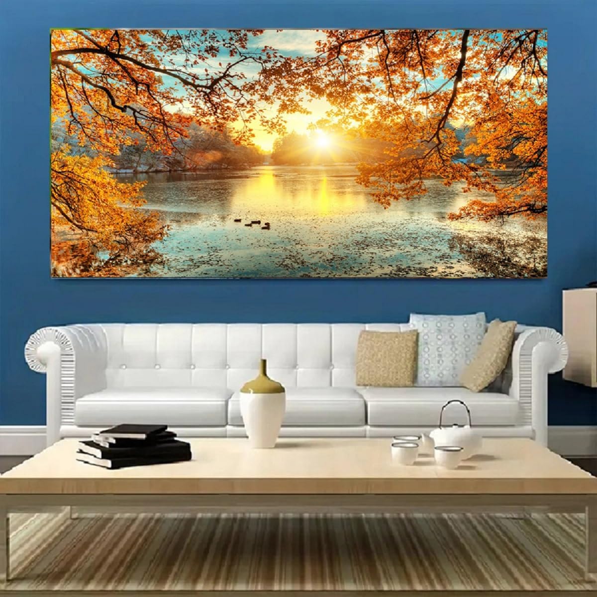 Yxbhhym-Landscape Tree Canvas Wall Art Fall Forest Sunset Wall Decor Poster Lake Water Pictures for bedroom wall décor Natural Scenery Paintings Artwork Large Living Room Decor Home Office Decoration