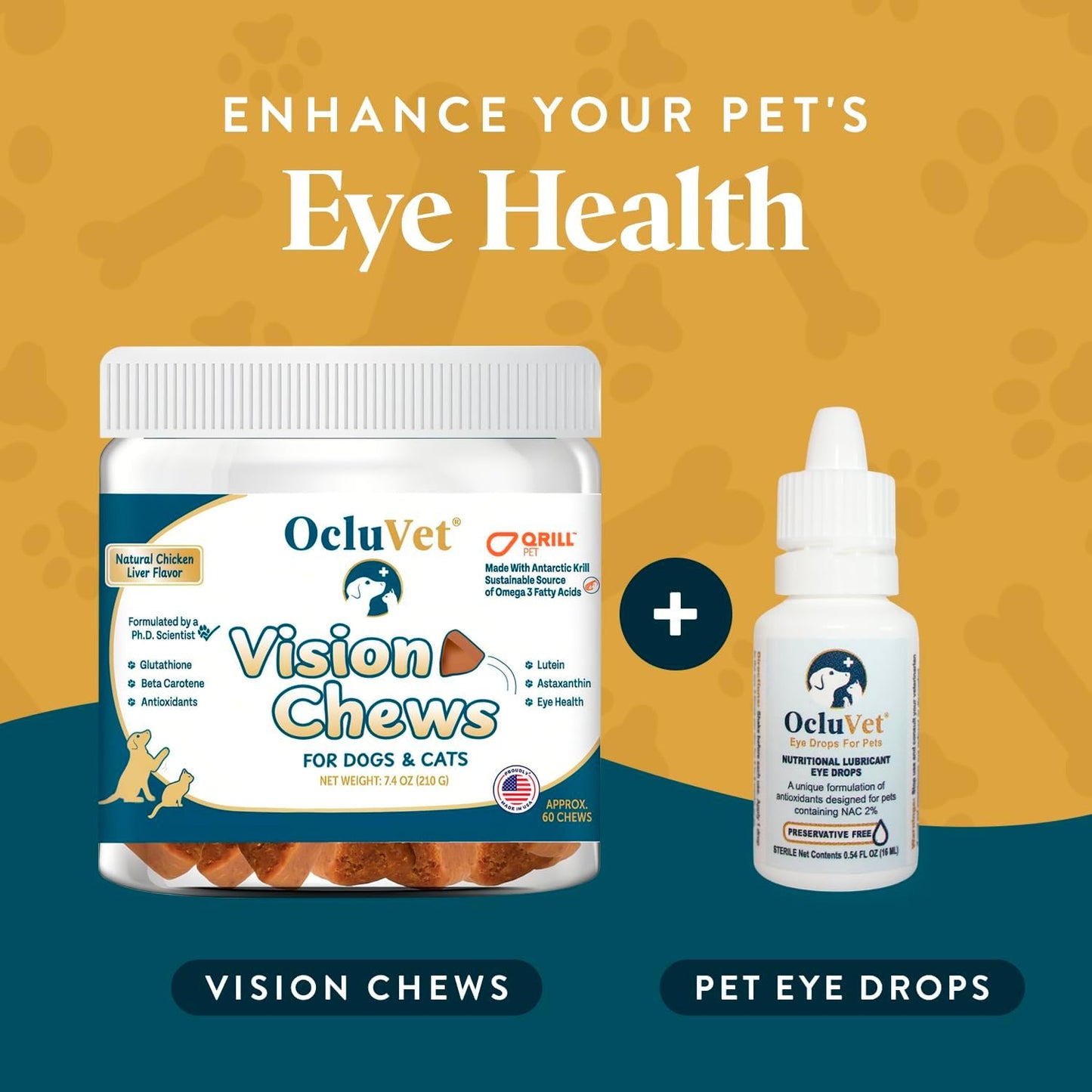 Bundle Eye Supplements for Dogs & Cats | Vision Chews with Omega-3 for All Ages | Includes 60 Chicken Liver Flavored Chews & Pet Eye Drops, 16 mL | Antioxidants & 2% NAC for Cataracts