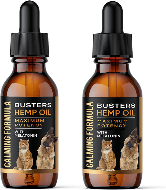 Busters 2Pack Calming Hemp Oil for Dogs, Cats, Infused with MELATONIN, Sleep Support, Soothing, Natural Relief, Ideal Omega Ratio, Adrenal Support (Calming Formula 2-Pack)