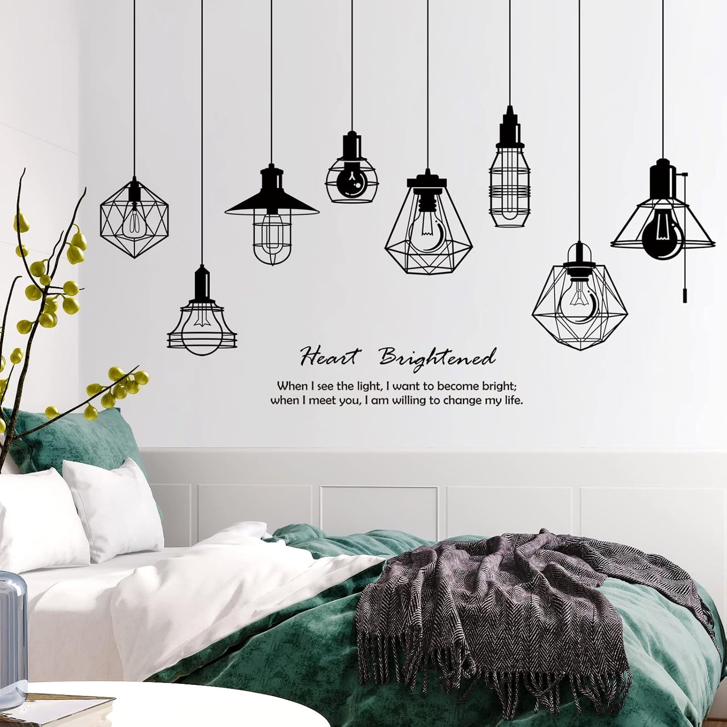 Removable 8pcs Hanging Black Vinyl Chandeliers Wall Sticker Quotes Heart Brightened Wall Decal DIY Peel and Stick Decor for Kids Boys and Girls Bedroom Living Room Studyroom Playroom Classroom