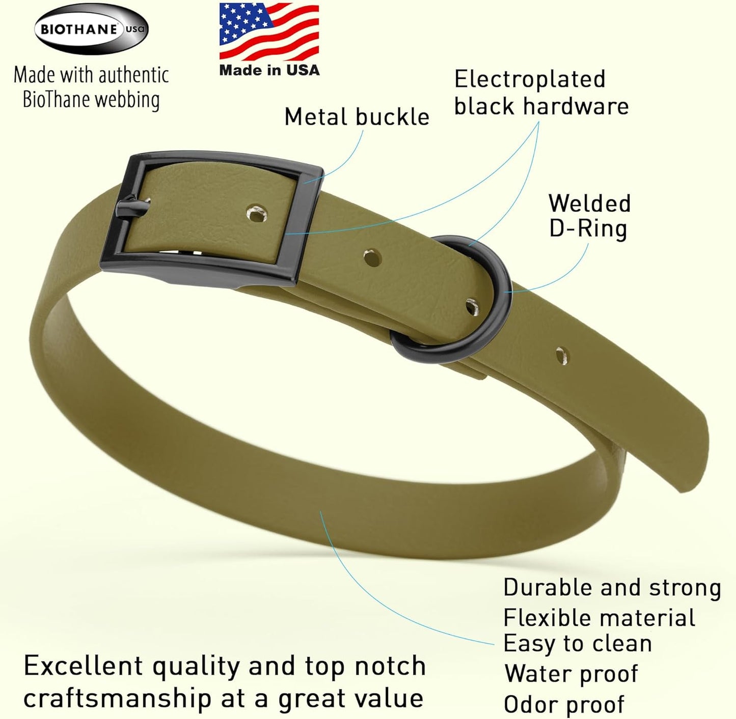 Dogline Biothane Waterproof Dog Collar Strong Coated Nylon Webbing with Black Hardware Odor- Proof for Easy Care Easy to Clean High Performance Fits Small Medium or Large Dogs, Olive Drab Green
