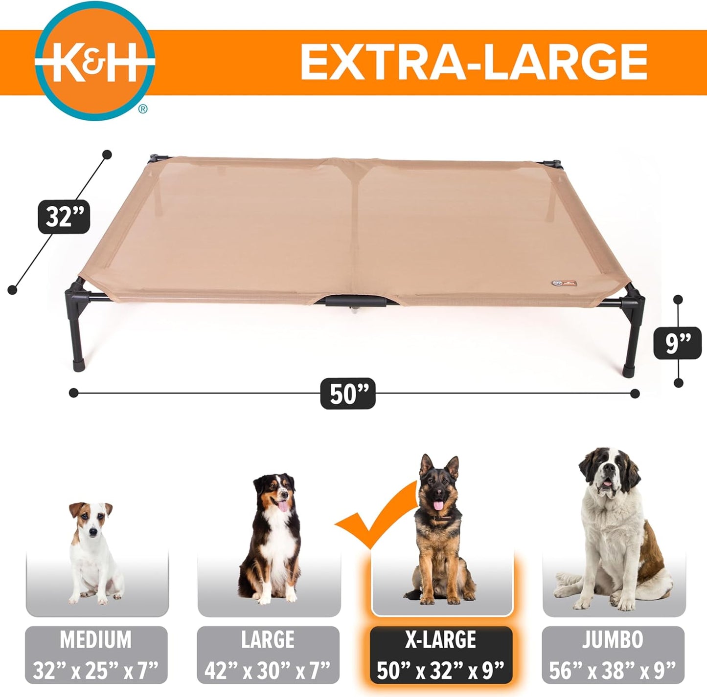 K&H Pet Products Outdoor Elevated Dog Cot, Cooling Raised Bed with Waterproof Breathable Mesh for Large Dogs, Portable Pet Bed with Heavy-Duty Metal Frame, Oversized Hammock Style - Extra-Large Tan