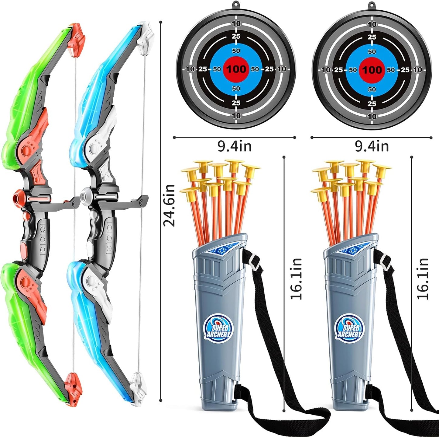 TEMI Bow and Arrow Set for Kids - Archery Toy Set - LED Light Up with Suction Cup Arrows, Target & Quiver, Indoor and Outdoor Toys for Children Boys Girls