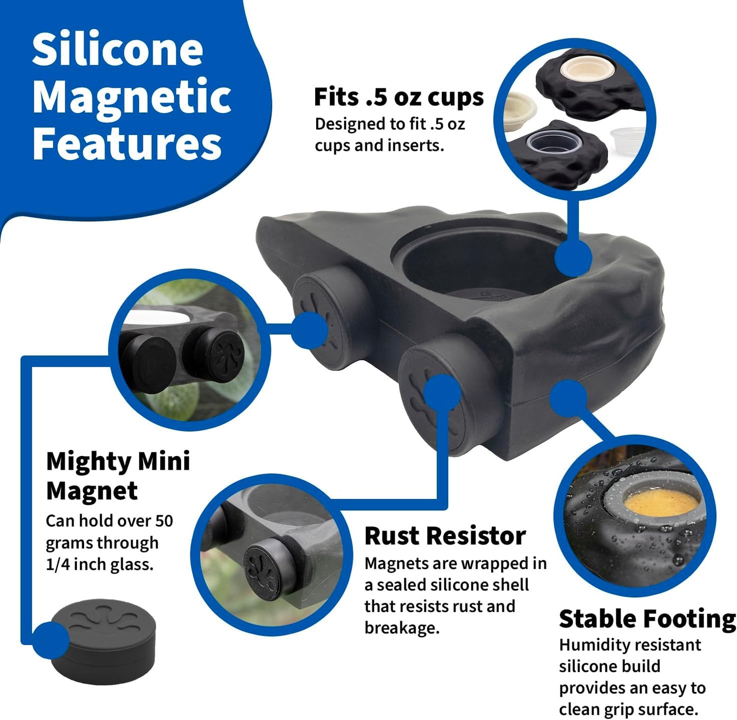 Pangea Silicone Gecko Feeding Ledge - Magnetic Mini Food Dish for Reptile Tank - 4.125" x 2.625" x 1.18" - Fits 0.5oz Cups (Black)