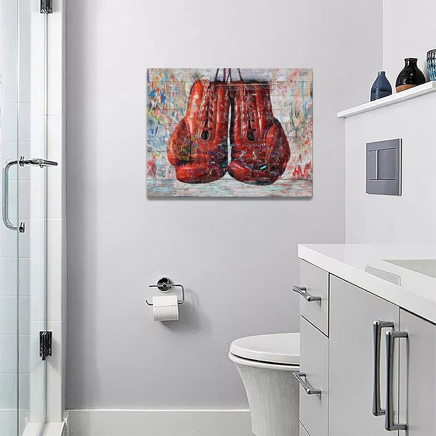 Quorin Banksy Graffiti Boxing Wall Art Red Boxing Gloves Pictures Gym Sport Wall Decor Canvas Print Painting Artwork for Gym Living Room Bedroom 12"x16"