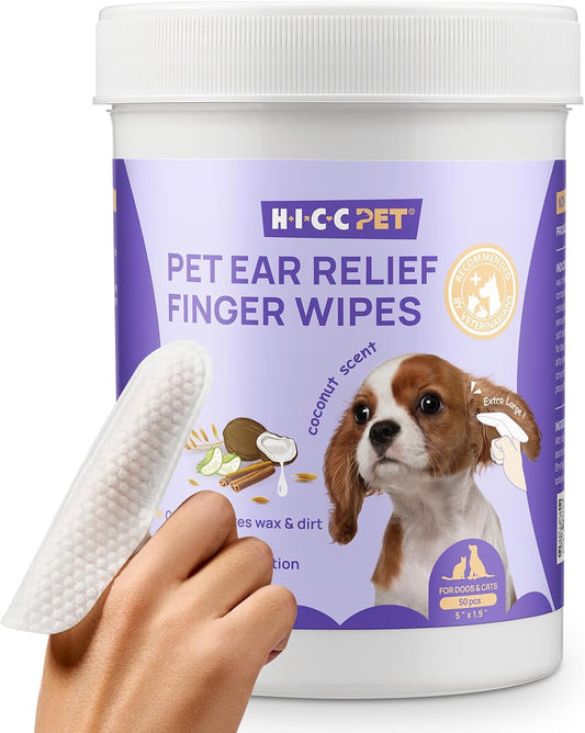 HICC PET Dog Ear Finger Wipes, Ear Cleaner Wipes for Dogs & Cats, Dog Ear Infection Treatment to Relief Itching & Inflammation, Remove Wax, Dirt & Stop Smelly, Non-Irritating, 50ct(Coconut Scent)