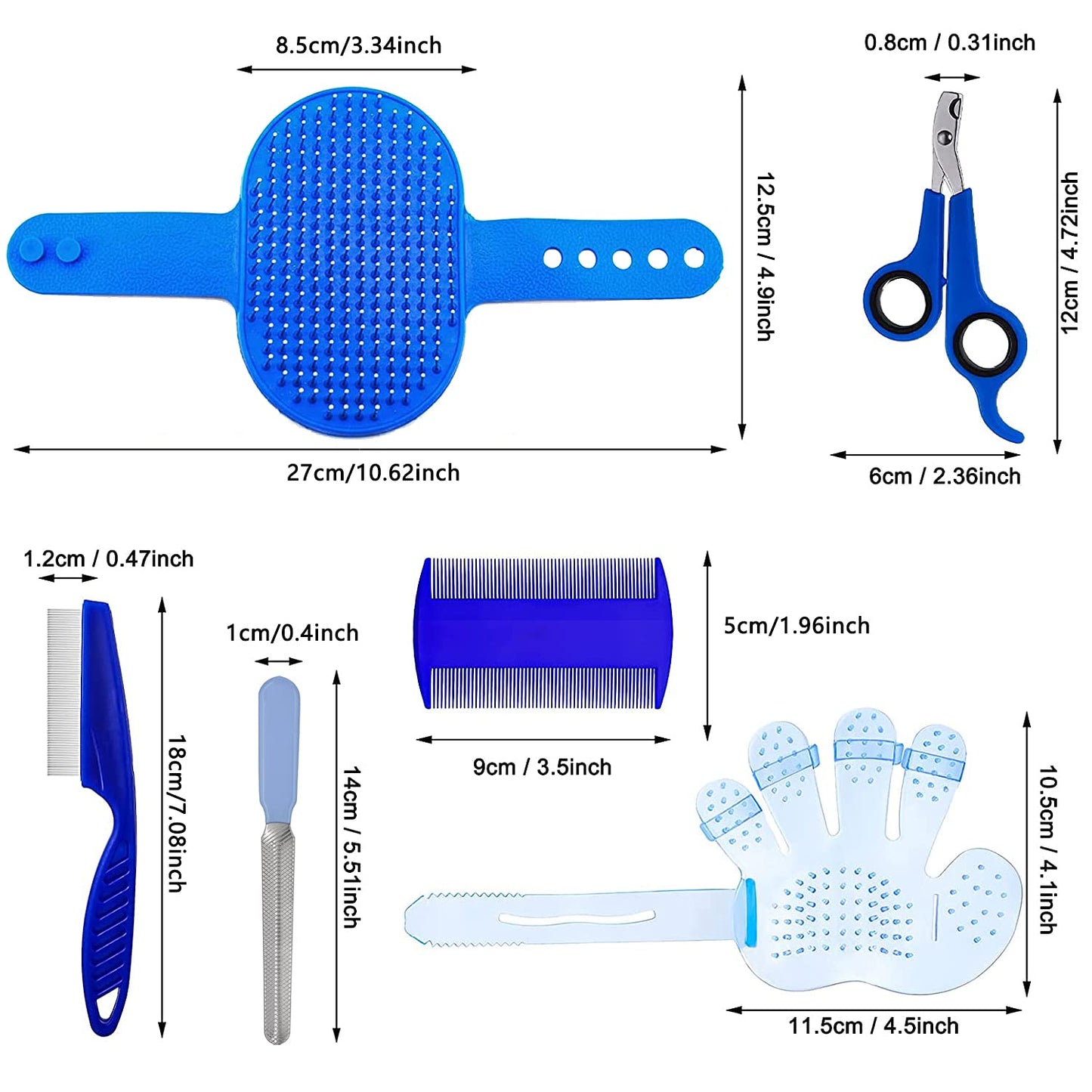 7-Piece Small Pet Grooming Kit with Brush, Nail Clippers, and Adjustable Strap for Rabbits, Hamsters, Guinea Pigs (Blue)