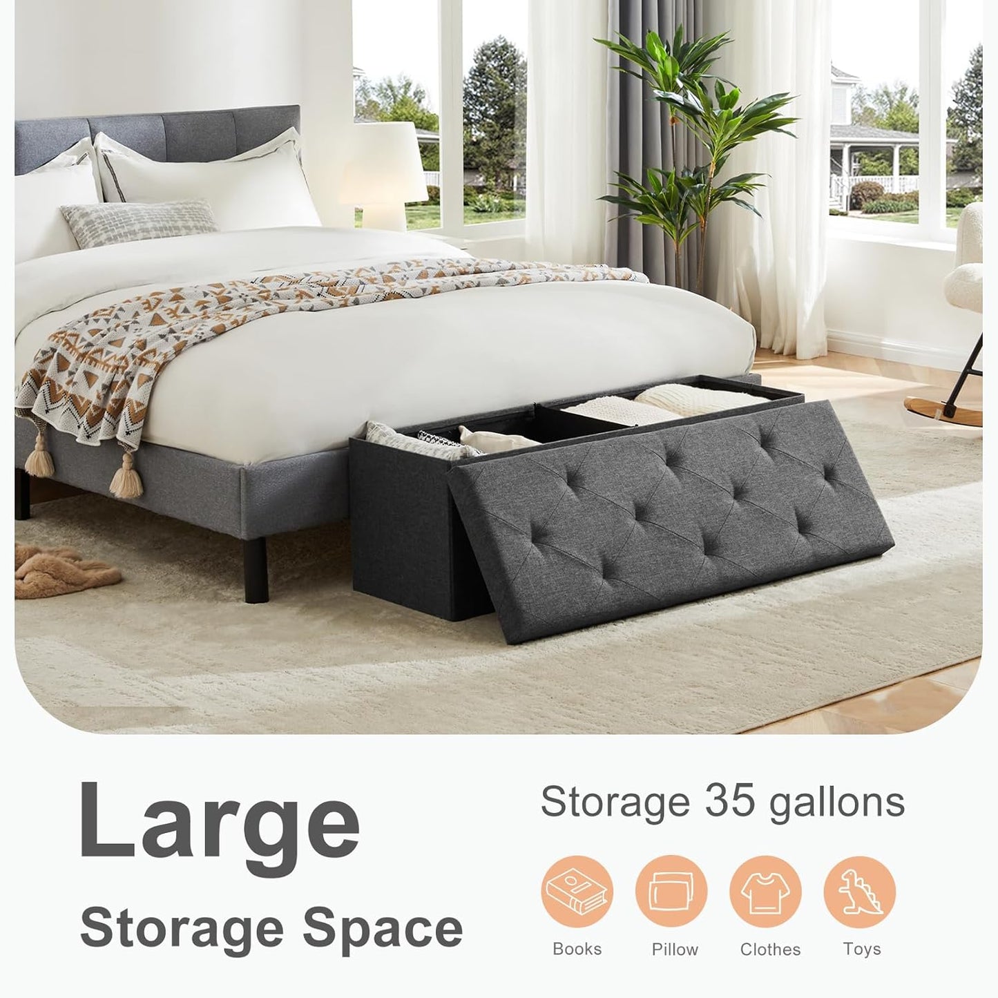 Sweetcrispy Foldable Storage Ottoman 43in, Storage Chest, Large Ottoman Bench Foot Rest Stool with Padded Seat for Entryway Living Room, Bedroom,Load 350lbs, Modern Grey