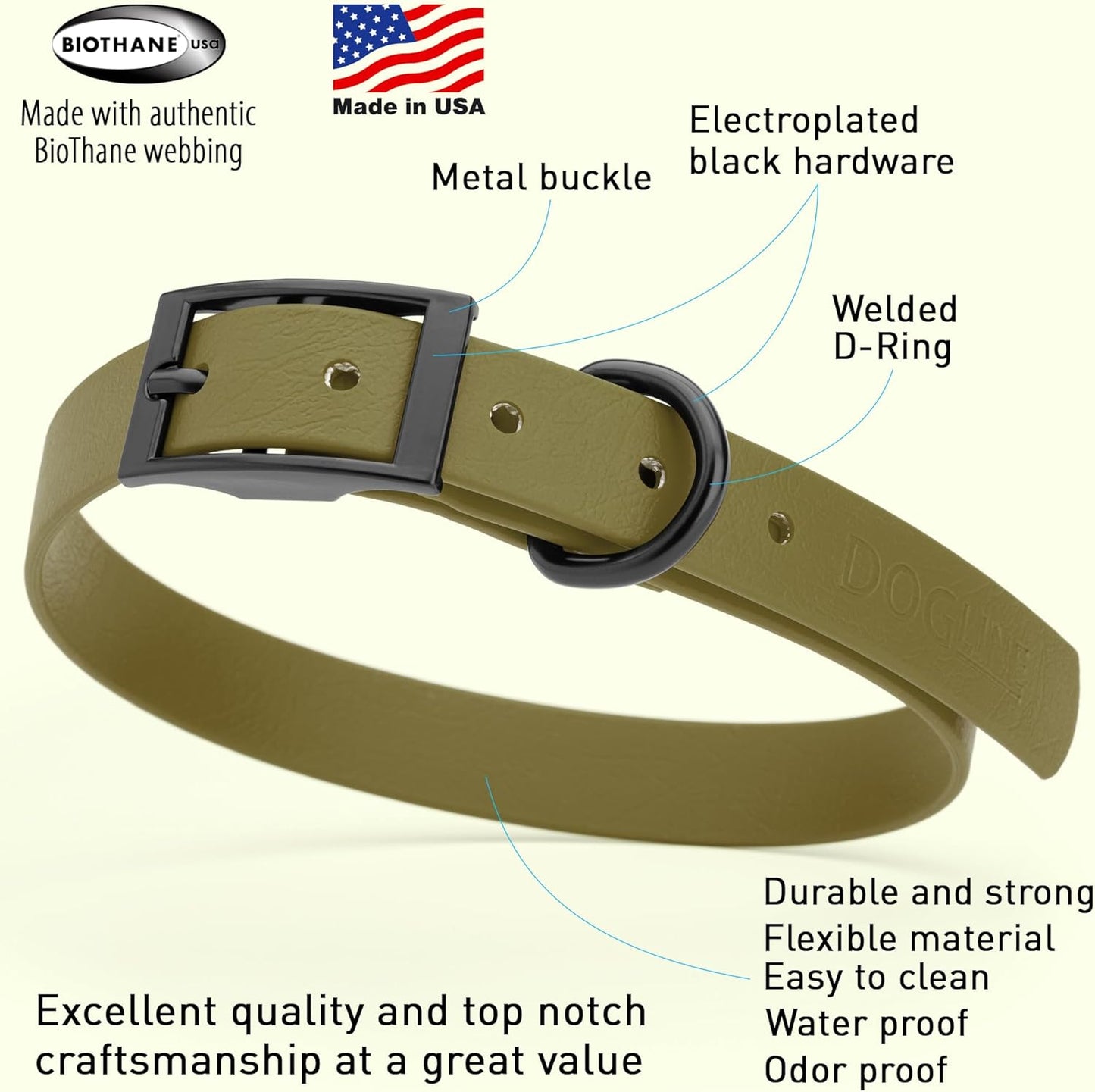 Dogline Biothane Waterproof Dog Collar Strong Coated Nylon Webbing with Black Hardware Odor- Proof for Easy Care Easy to Clean High Performance Fits Small Medium or Large Dogs, Olive Drab Green