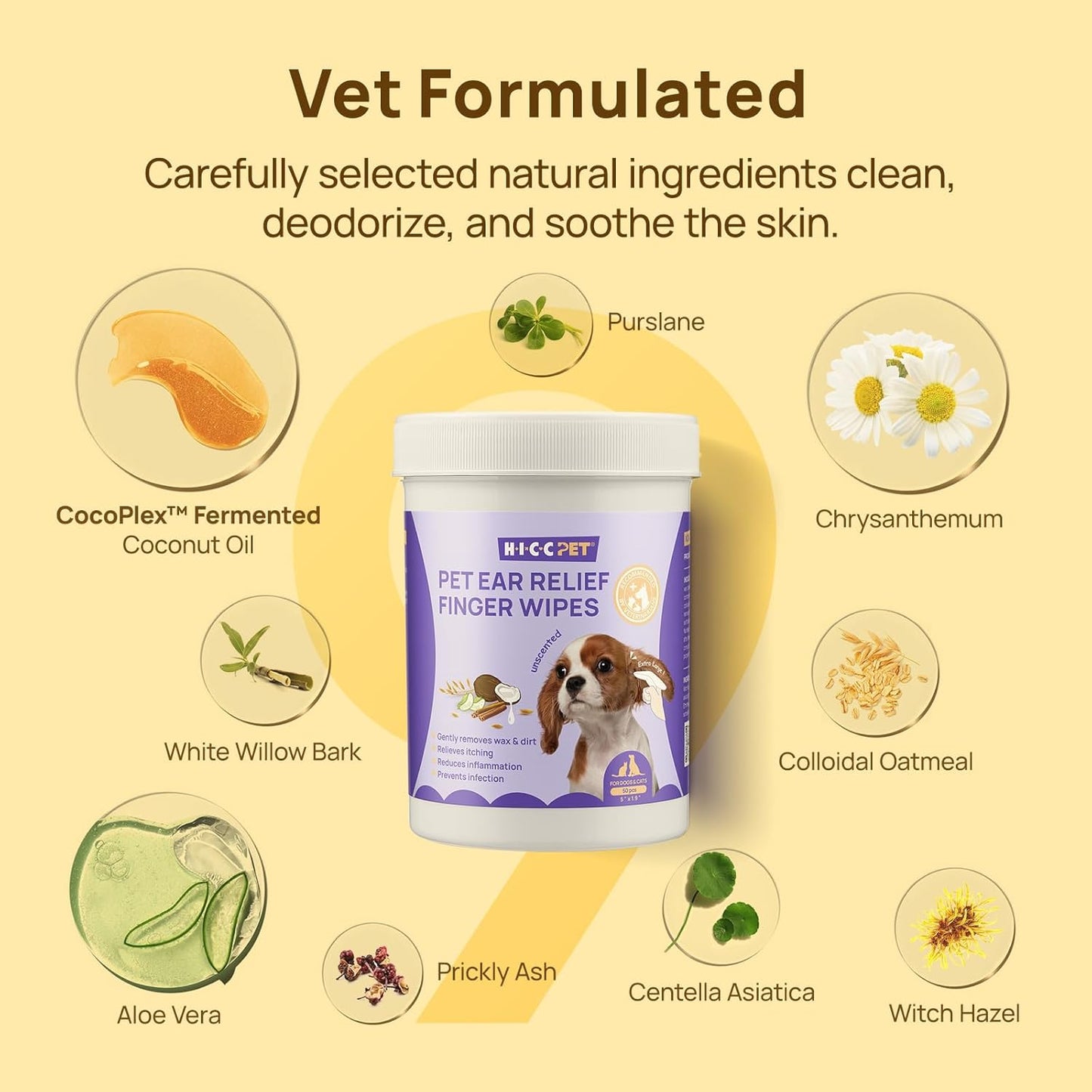 HICC PET Dog Ear Wipes Finger 100 Count Dog Ear Cleaner Wipes for Dogs & Cats, Dog Ear Infection Treatment to Relieve Ear Itching & Inflammation, Remove Ear Wax, Dirt, Smelly - Unscented