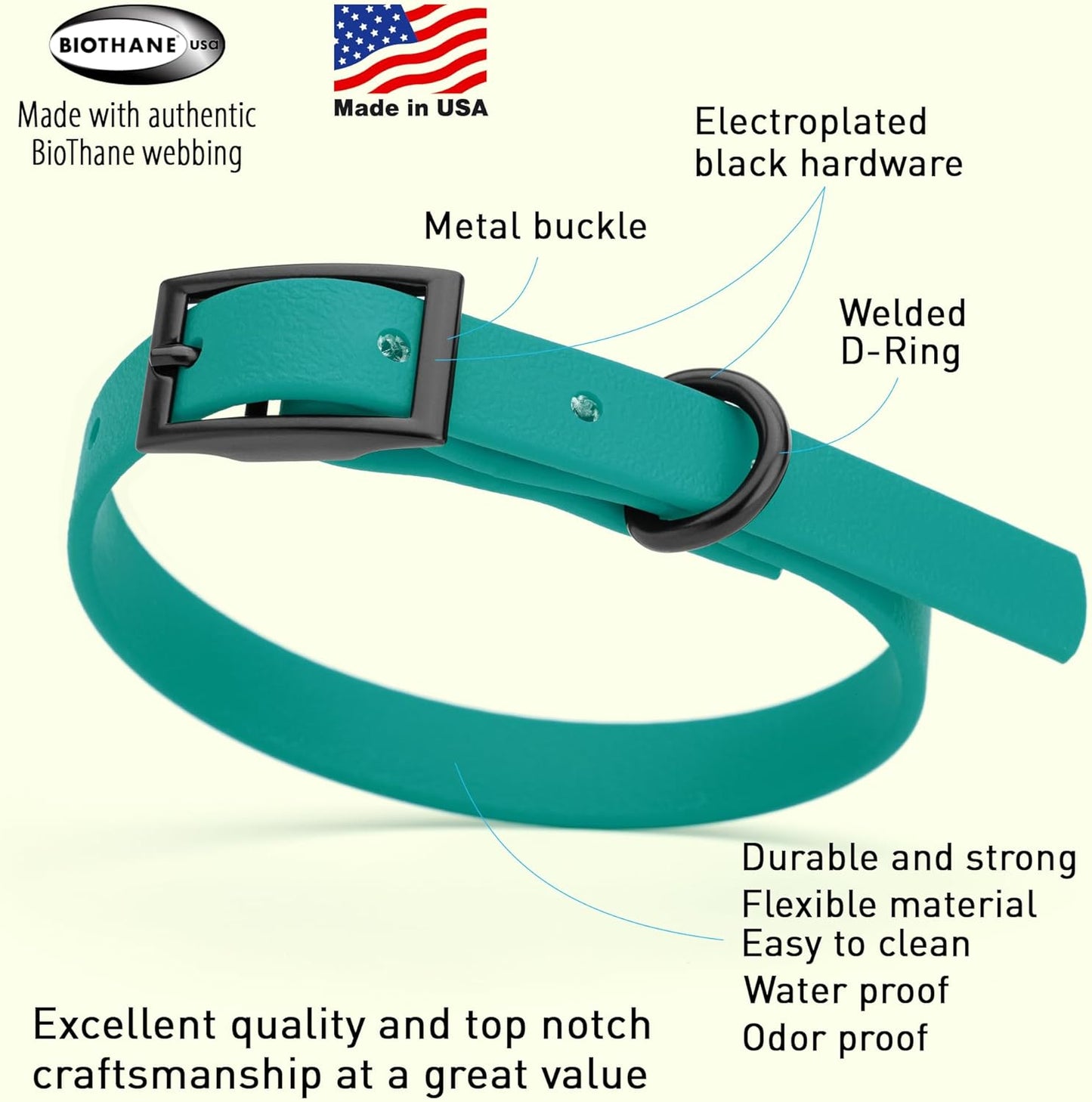 Dogline Biothane Waterproof Dog Collar Strong Coated Nylon Webbing with Black Hardware Odor- Proof for Easy Care Easy to Clean High Performance Fits Small Medium or Large Dogs, Blue Aqua