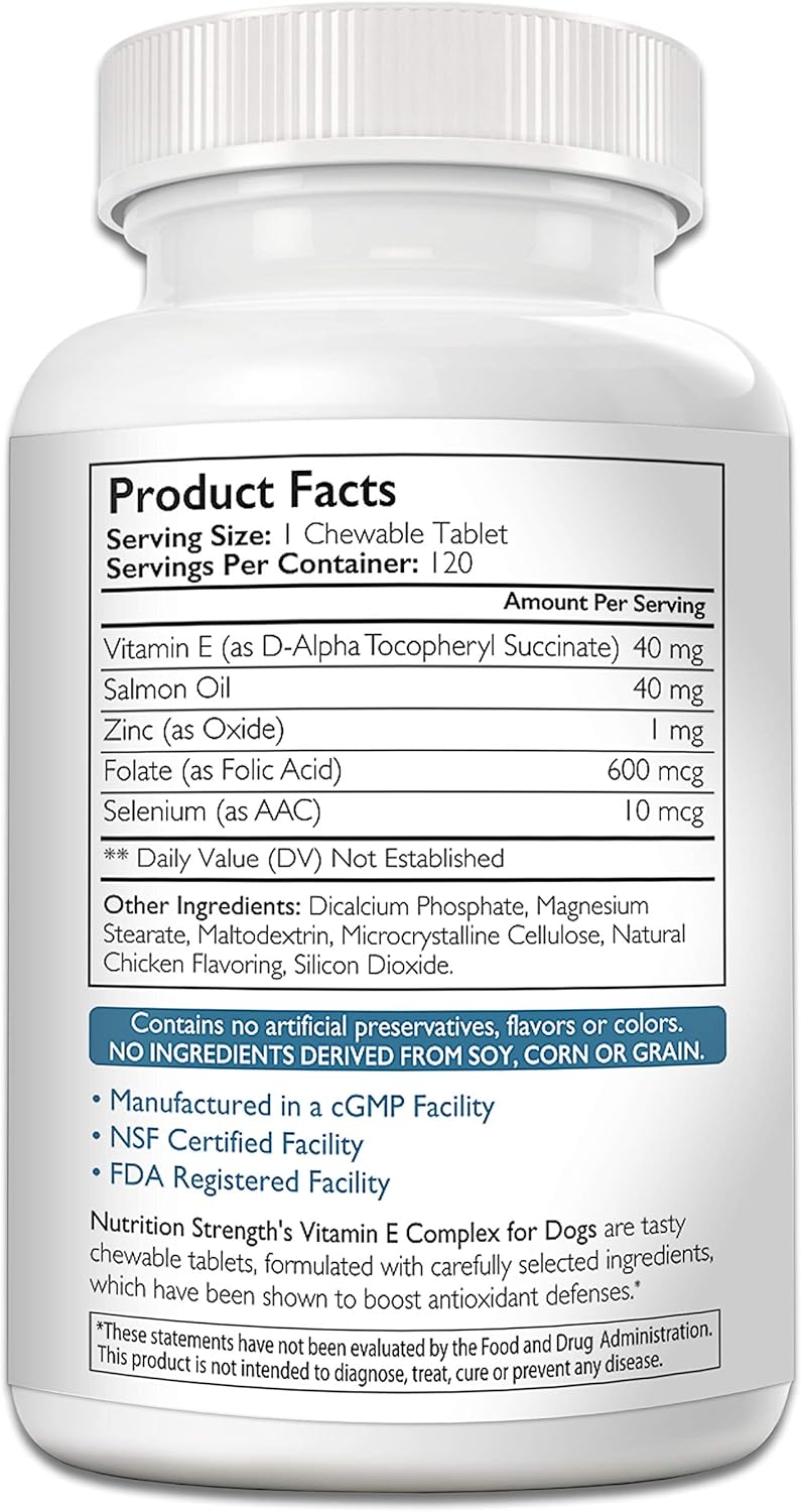 Vitamin E for Dogs, Promote Cardiovascular Health, Support Cell Membranes, Vitamin E Complex to Boost Dog Immune System Plus Zinc, Selenium, Folate, Salmon Oil, 120 Chewable Tablets