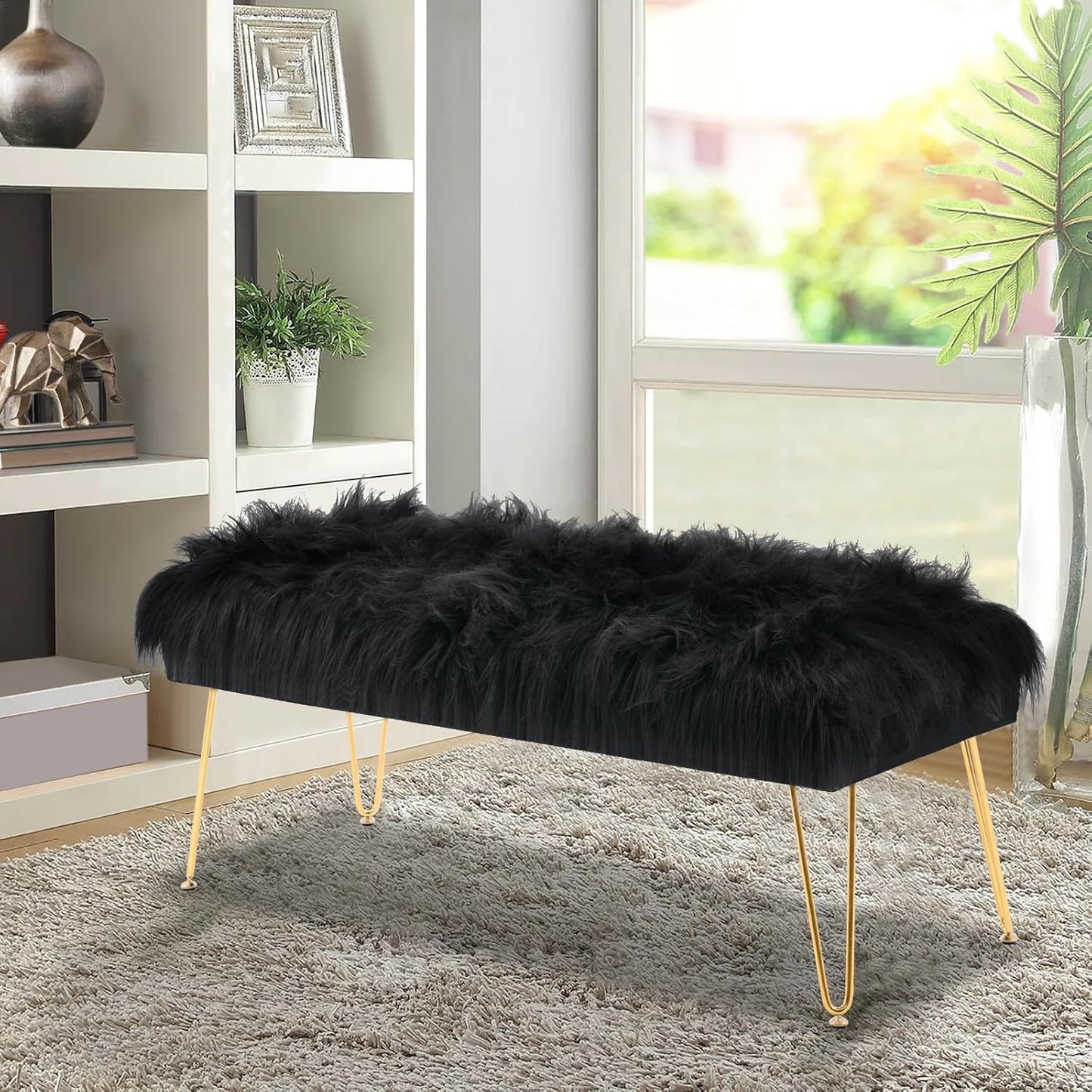 42.5 Inch Black Bedroom Bench, Benches for Bedroom White Faux Fur Upholstered Bed end Bench, Tufting Ottoman Bench Indoor Bench with Metal Legs for Living Room Bedroom Entryway, Black