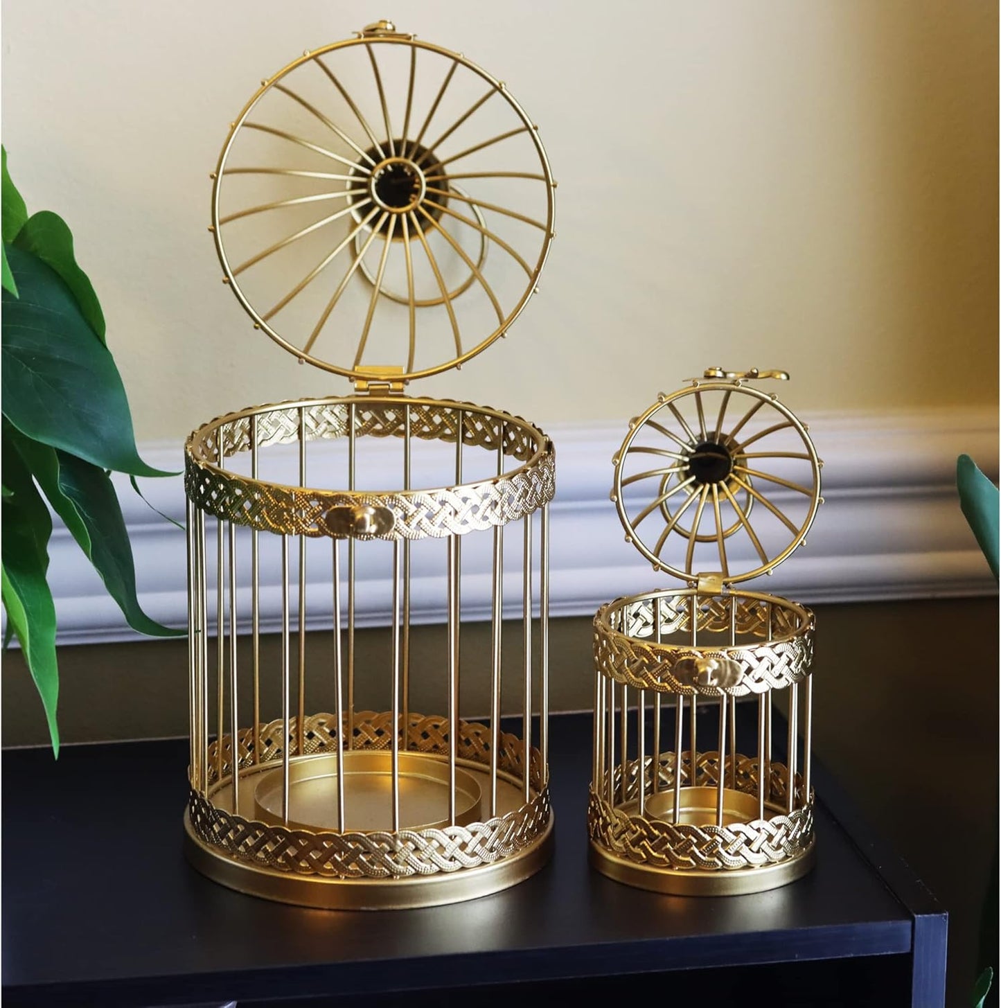 VELA LANTERNS Birdcage Decor Candle Holder Lantern Decorative Wedding Table Centerpiece Decorations, 10" and 6" Tall, Gold, Set of 2