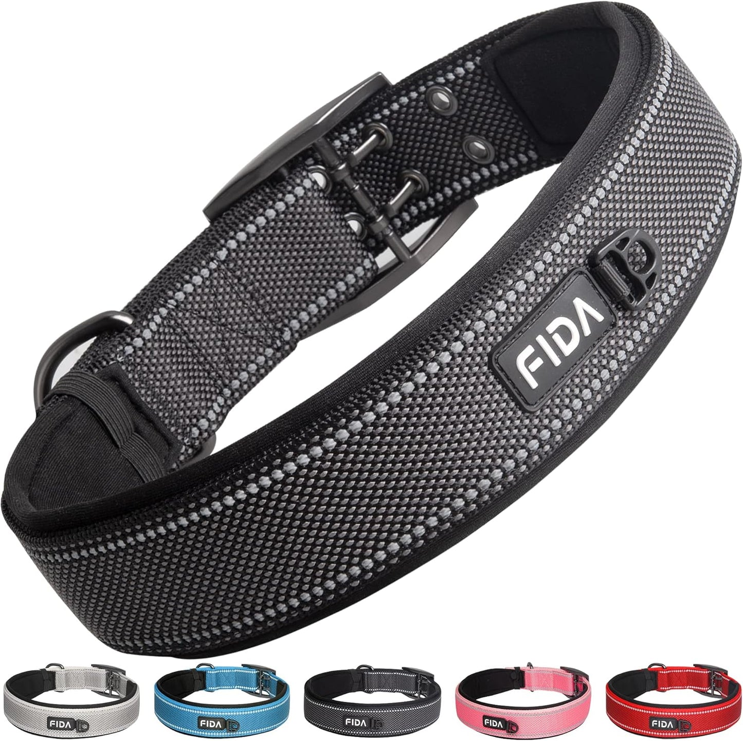 Fida Heavy Duty Dog Collar 1.5” Width, Ultra Soft Neoprene Padded, Adjustable Reflective Nylon Pet Collar with Two Metal Pin Belt Buckle for Large/X-Large Breeds (XL, Black)