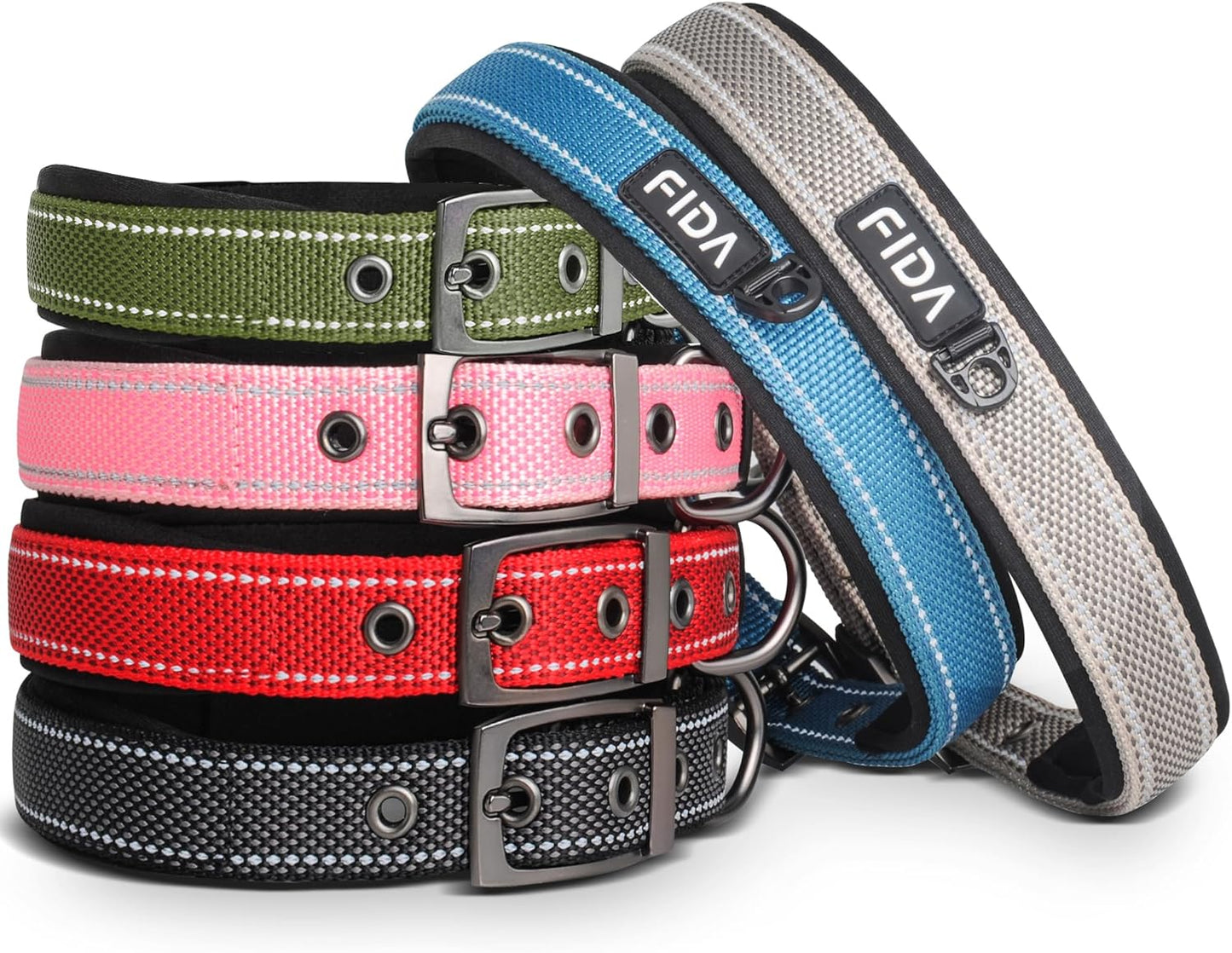 Fida Heavy Duty Dog Collar for Medium Dogs, Ultra Comfortable Soft Neoprene Padded, Adjustable Reflective Nylon Pet Collar with Durable Metal Belt Buckle for Medium Breeds (M, Green)