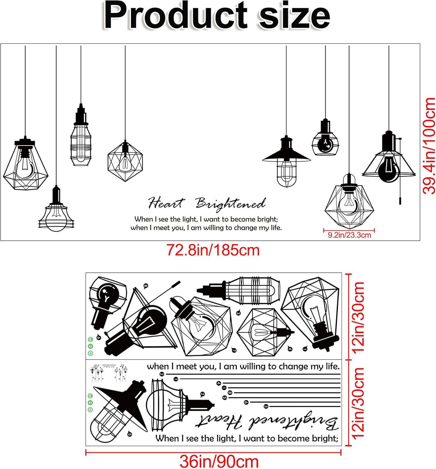 Removable 8pcs Hanging Black Vinyl Chandeliers Wall Sticker Quotes Heart Brightened Wall Decal DIY Peel and Stick Decor for Kids Boys and Girls Bedroom Living Room Studyroom Playroom Classroom