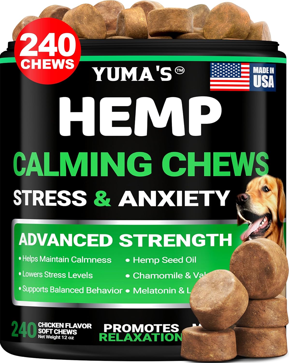 Hemp Calming Chews for Dogs - 240 Treats - Advanced Dog Calming Chews - Anxiety Relief Supplement Treats with Melatonin - Sleep Aid for Separation, Barking, Stress, Hip and Joint Support Made in USA