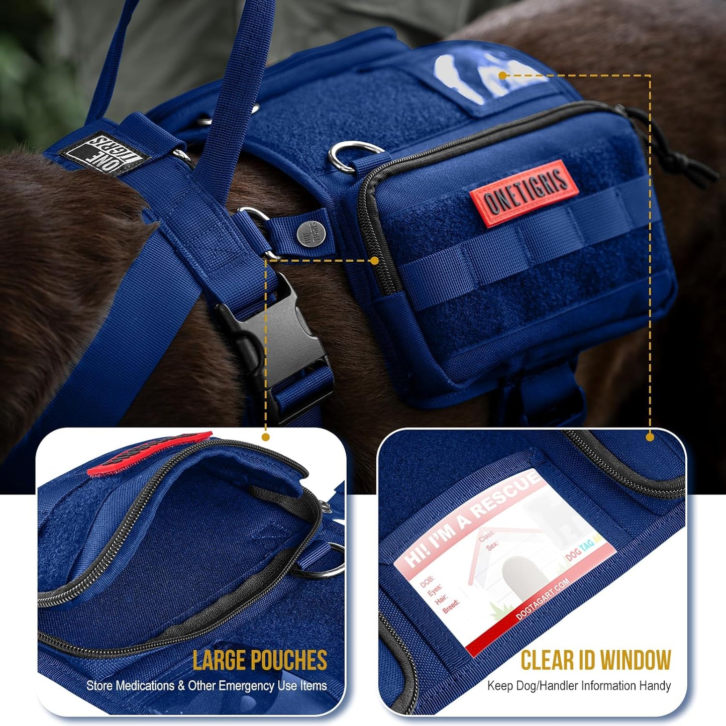 OneTigris Service Dog Vest Harness, Service Dog Cape Guardian Dog Backpack Harness with Pouches Dog Saddle Bag for Small Medium and Large Dogs (Blue, Small)