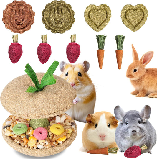 10 PCS Guinea Pig Chew Toys for Teeth, Rabbit Chew Toys Contain Natural Timothy Apple Core, Grass Cake, Carrot and Strawberry;Hamster toys for Bunny Chinchilla Gerbil Dental Care & Treat Teething