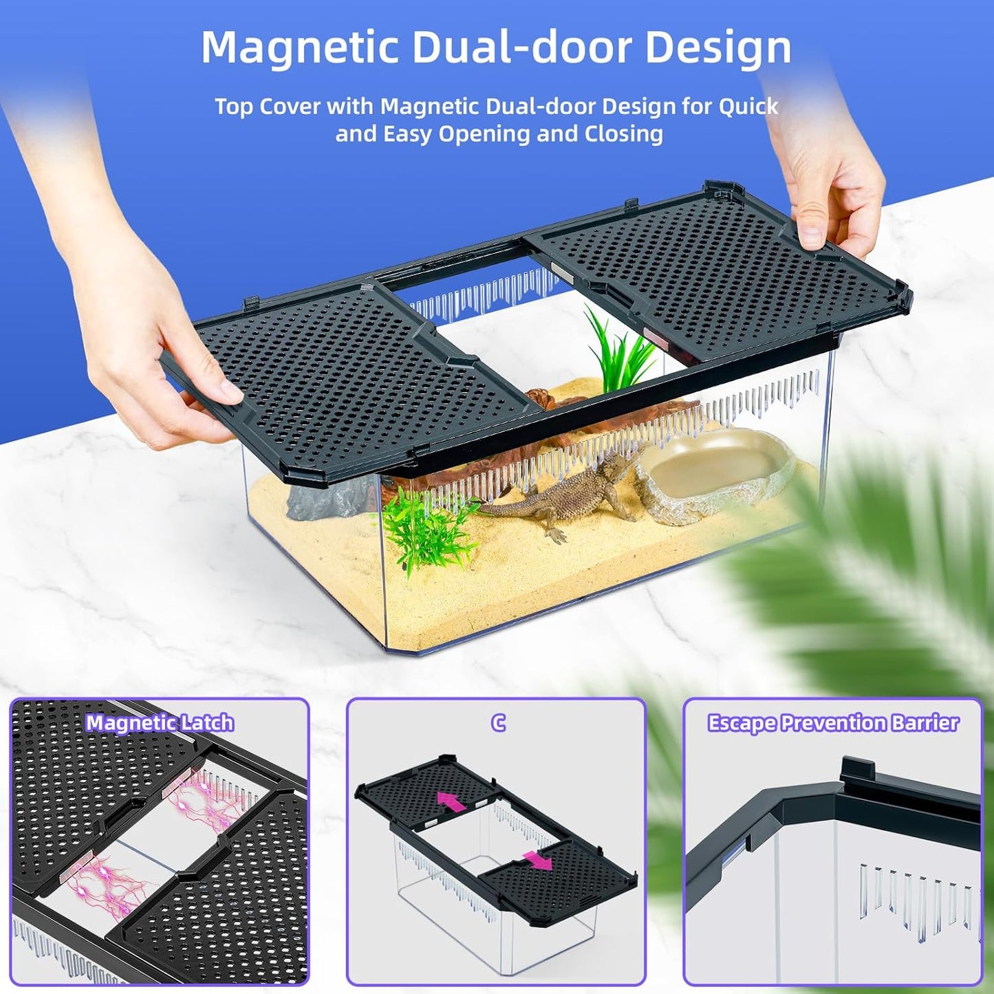 High-Transparency Reptile & Insect Enclosure Terrarium with Magnetic Door, Excellent Ventilation, Easy Cleaning, and Strong, Long-Lasting Build for Gecko, Tarantula, Hermit Crab (7.5x4.9x3.7 Inch)