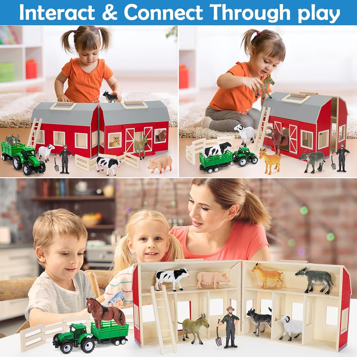 YEEBAY Farm Animals Toys for 3+ Year Old Kids Toddlers Girls Boys, Large Wooden Barn with Animal Play Figures, Farm Playset Educational Learning Toys, Ideal Christmas Birthday Gifts