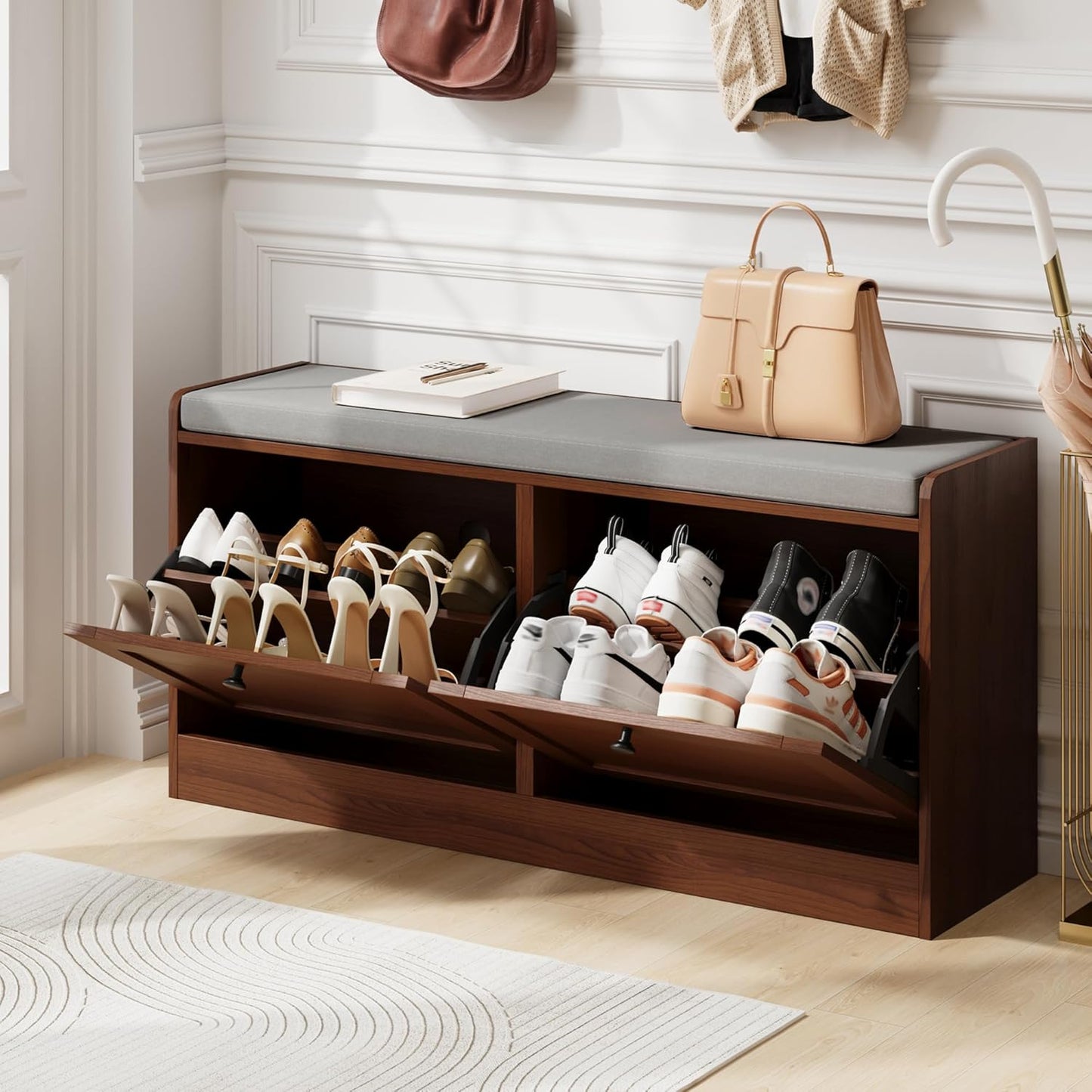 MHOM Brown Modern Entryway Bench with 2 Flip Drawers, Entryway Shoe Bench with Padded Seat Cushion, Wooden Storage Bench for Bedroom and Apartment