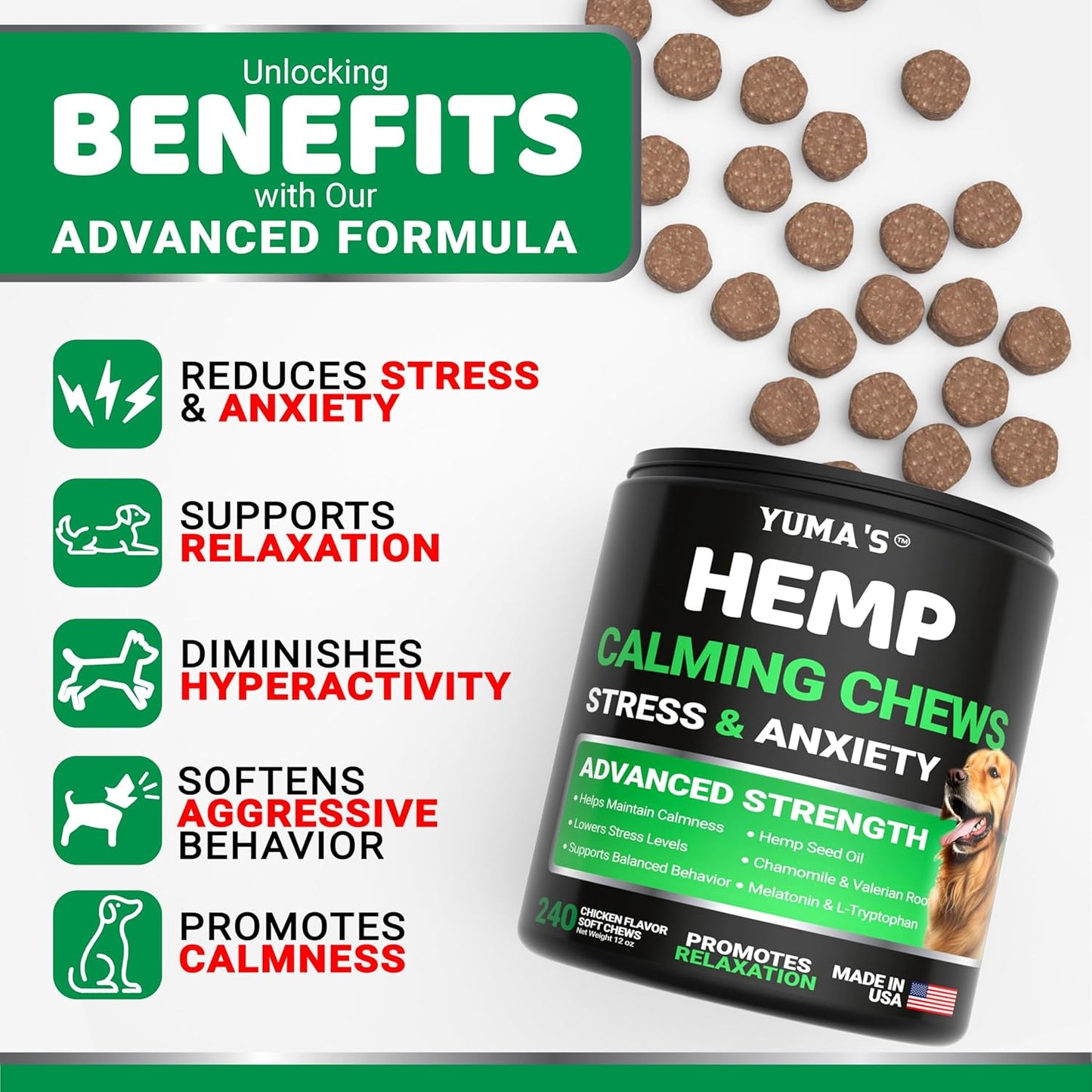 Hemp Calming Chews for Dogs - 240 Treats - Advanced Dog Calming Chews - Anxiety Relief Supplement Treats with Melatonin - Sleep Aid for Separation, Barking, Stress, Hip and Joint Support Made in USA