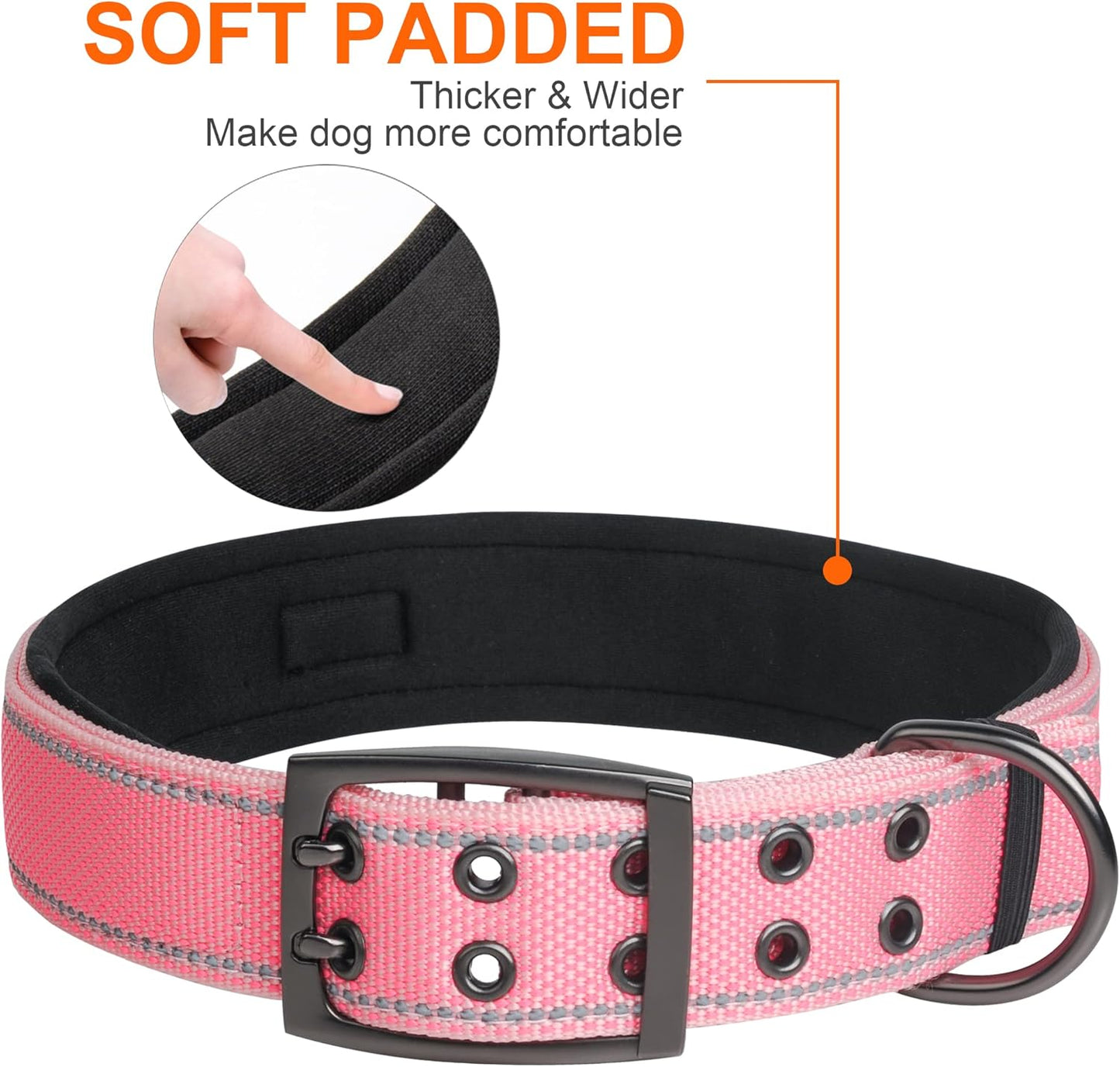 Fida Heavy Duty Dog Collar 1.5” Width, Ultra Soft Neoprene Padded, Adjustable Reflective Nylon Pet Collar with Two Metal Pin Belt Buckle for Large/X-Large Breeds (XL, Pink)