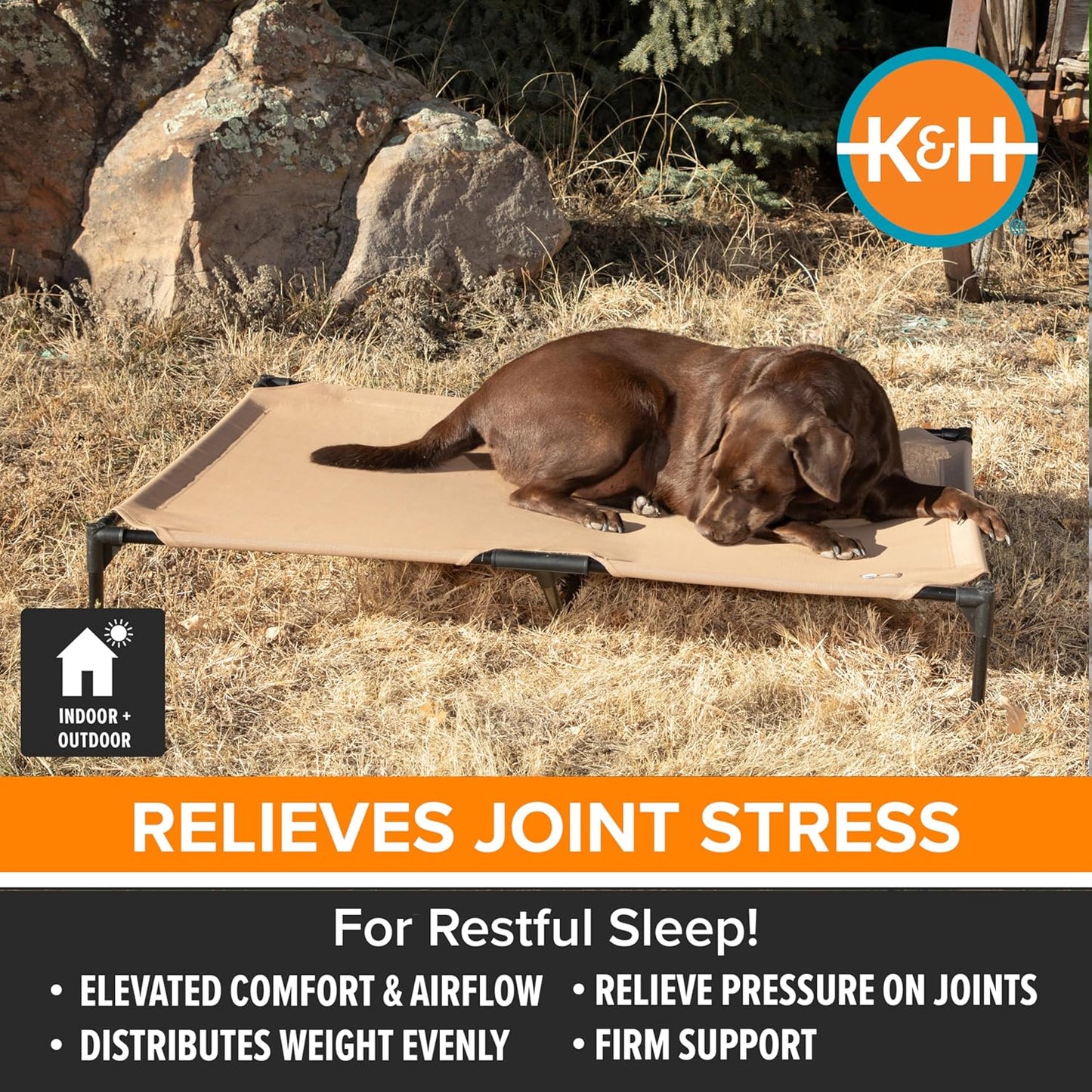 K&H Pet Products Outdoor Elevated Dog Cot, Cooling Raised Bed with Waterproof Breathable Mesh for Large Dogs, Portable Place Bed with Heavy-Duty Metal Frame, Big Hammock Style - Large Tan